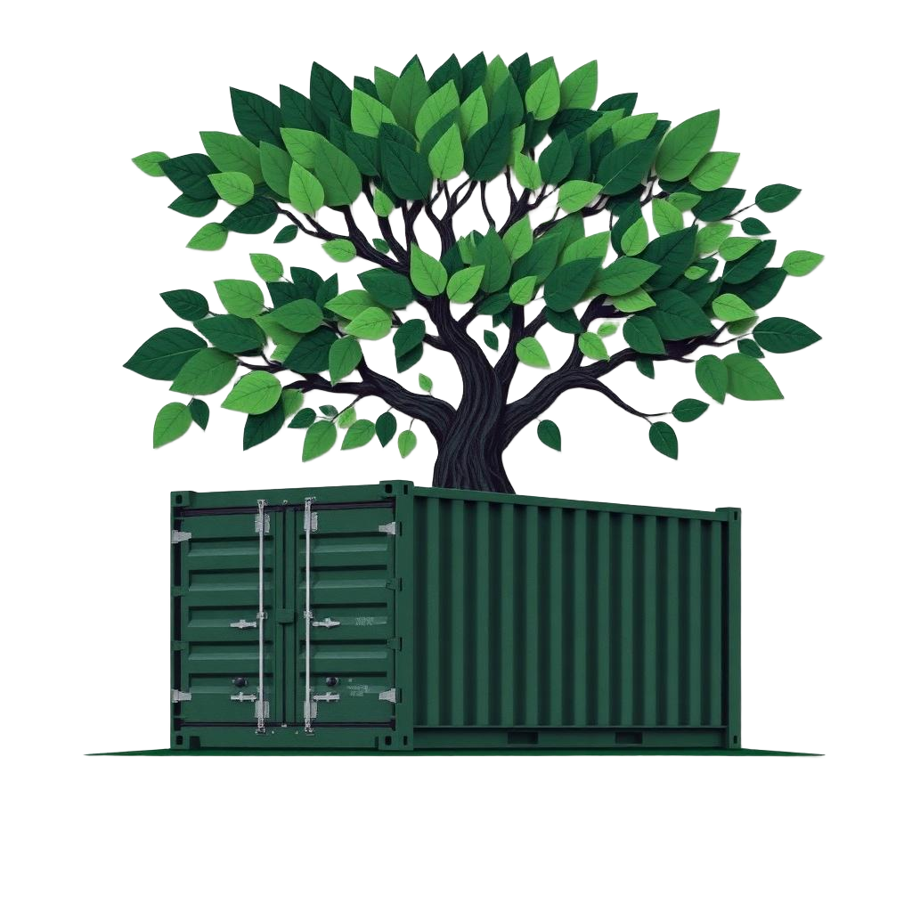 Paper-cut illustration of a dark green shipping container with a leafy canopy growing out of the top.