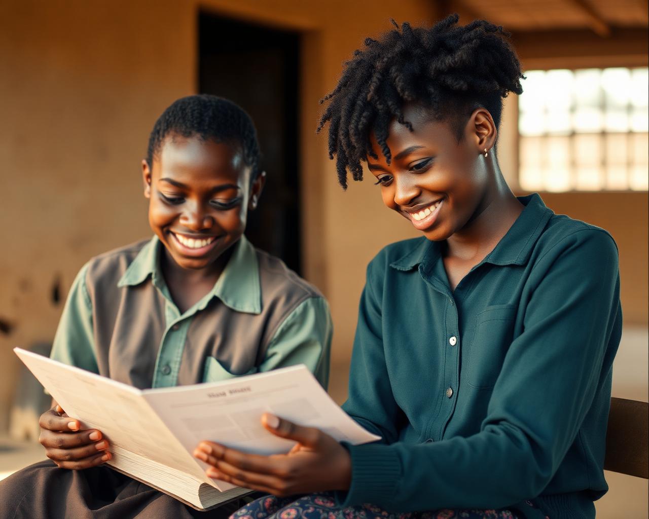 Two students sharing a notebook outdoors.