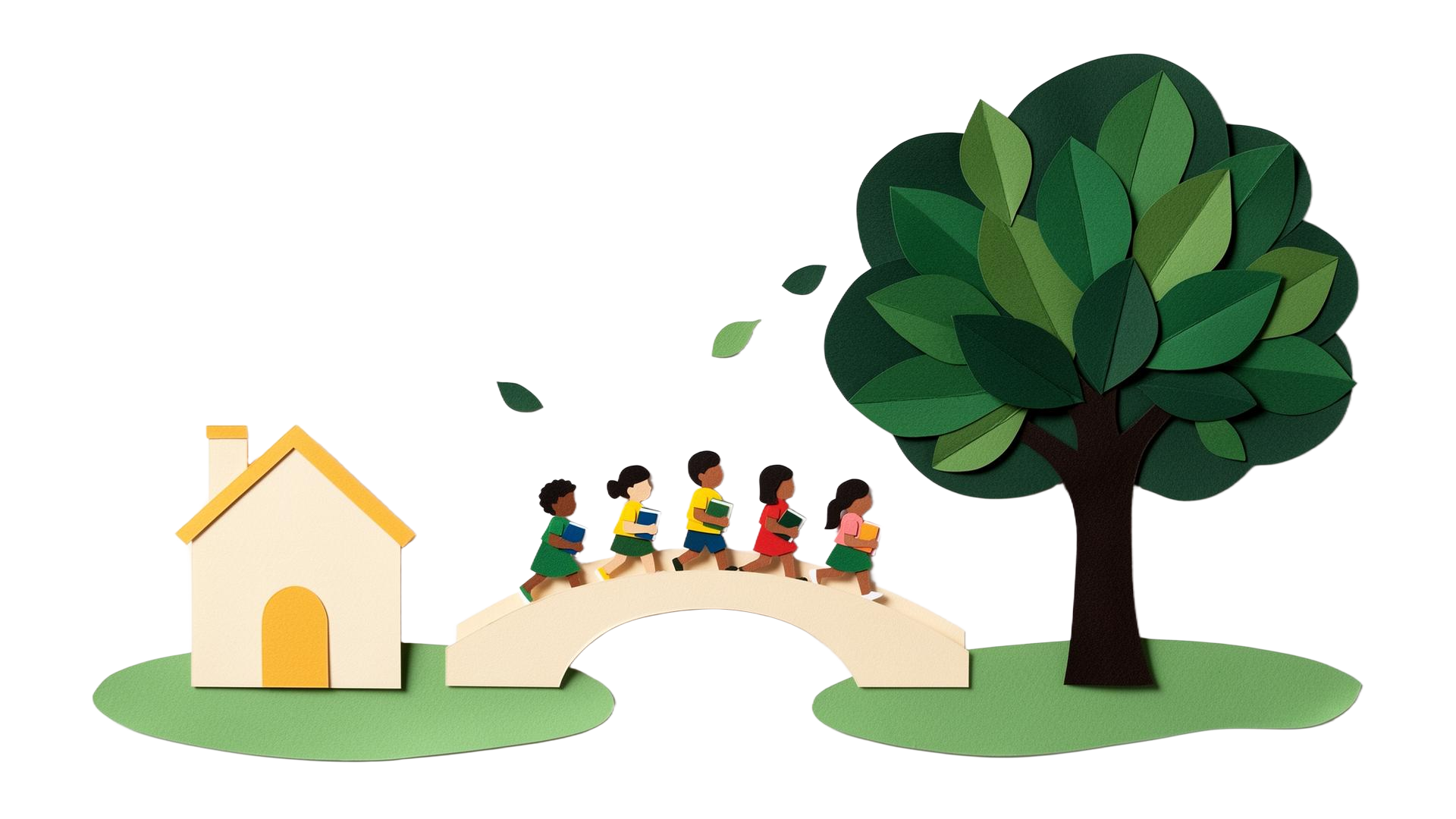 Paper-cut illustration: a small schoolhouse linked by an arched bridge to a great leafy tree, with a line of children carrying books crossing between them.